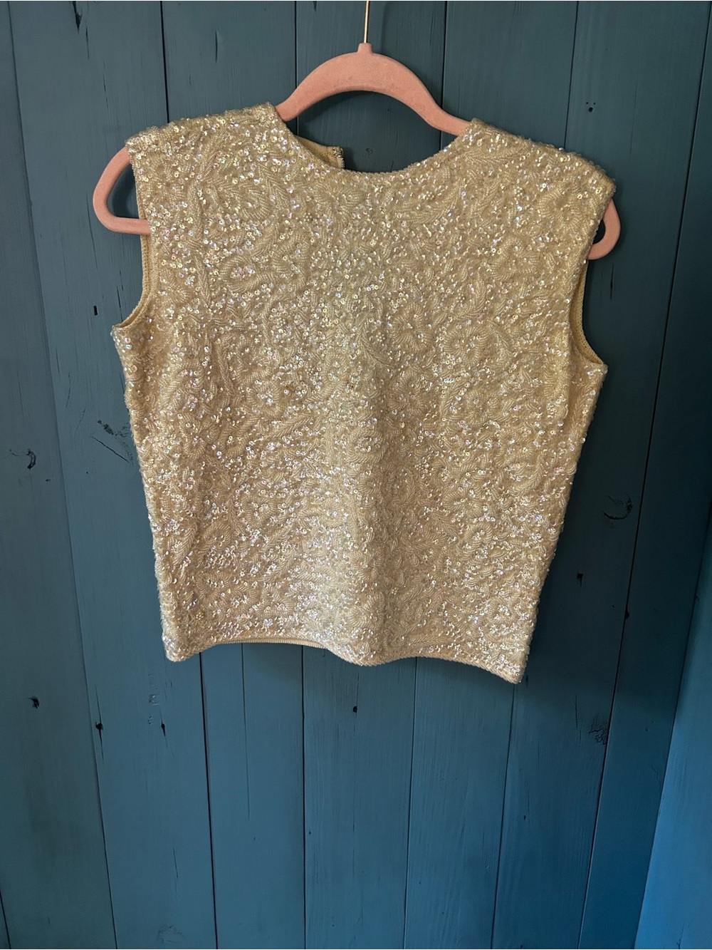 Vintage 1950/60’s 100% Wool Sequin Embellished Sleeveless Top — Gold/Cream | Med